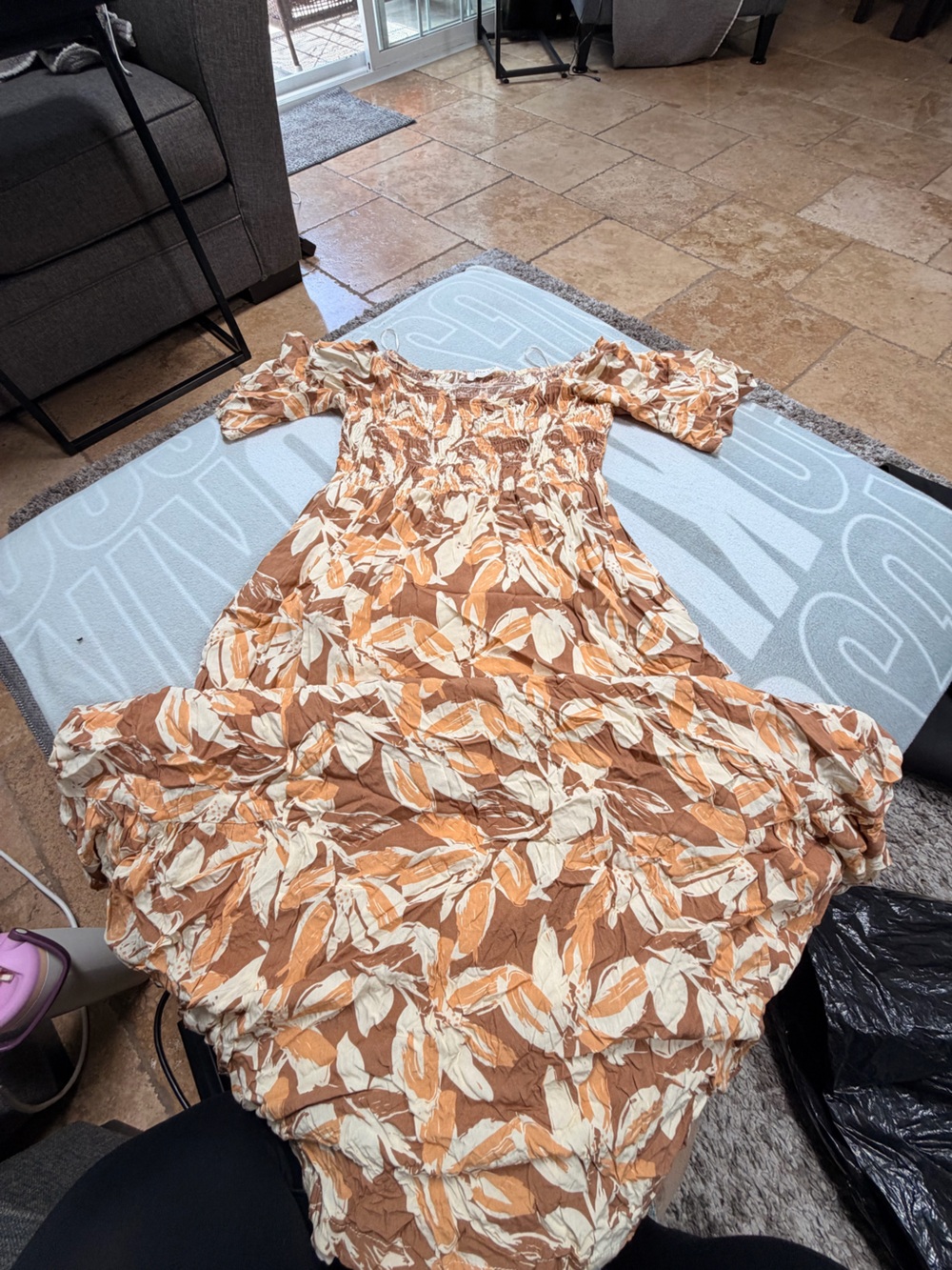 Brown & Cream Leaf-Print Off-Shoulder Women’s Dress